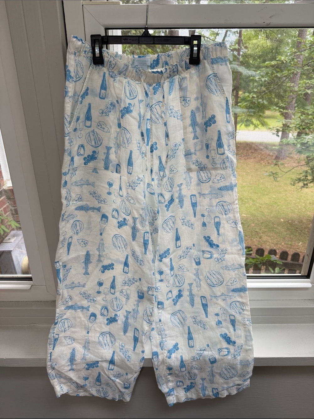 NWOT Cynthia Rowley White Wide-Leg Pants with Light Blue Food/Drink Print Sz L